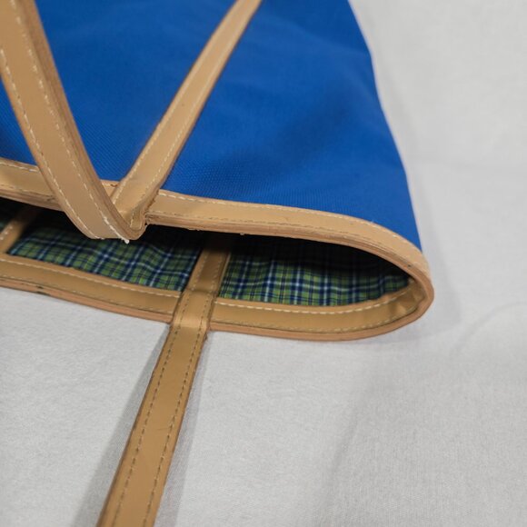 VINTAGE 90s Y2K Whitney Blue Canvas & Tan Trim Open Top Structure Roomy Tote Bag - Picture 9 of 17